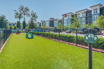 a park with a grass field and a fence with apartments in the background at Century Town Center, Gainesville